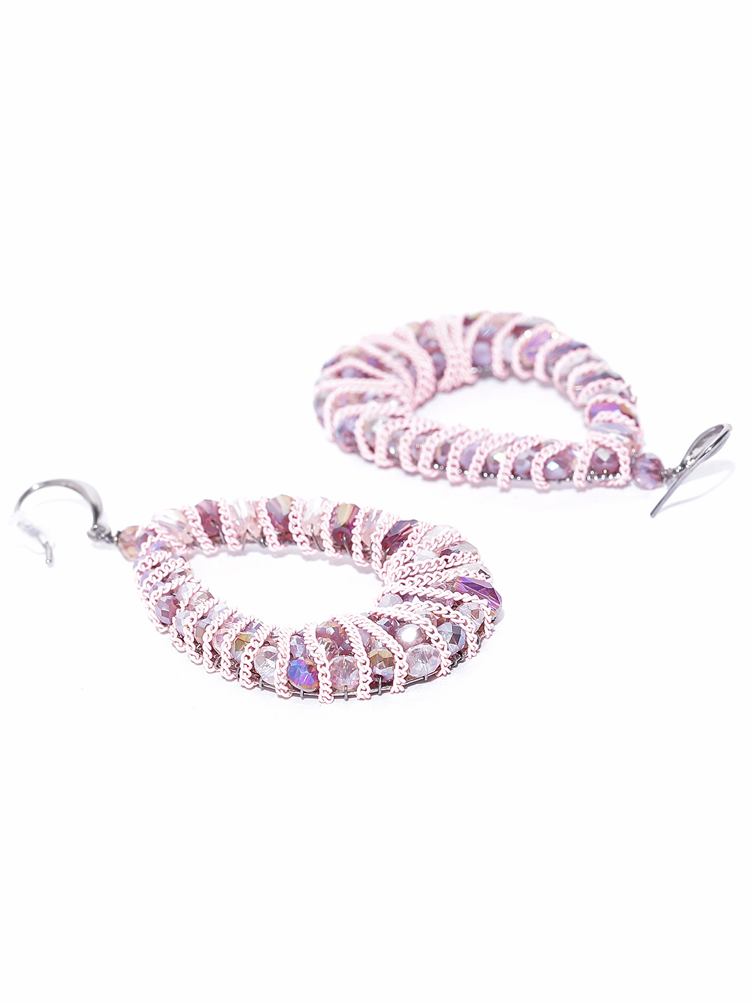 YouBella Silver-Toned  Pink Beaded Teardrop Shaped Drop Earrings